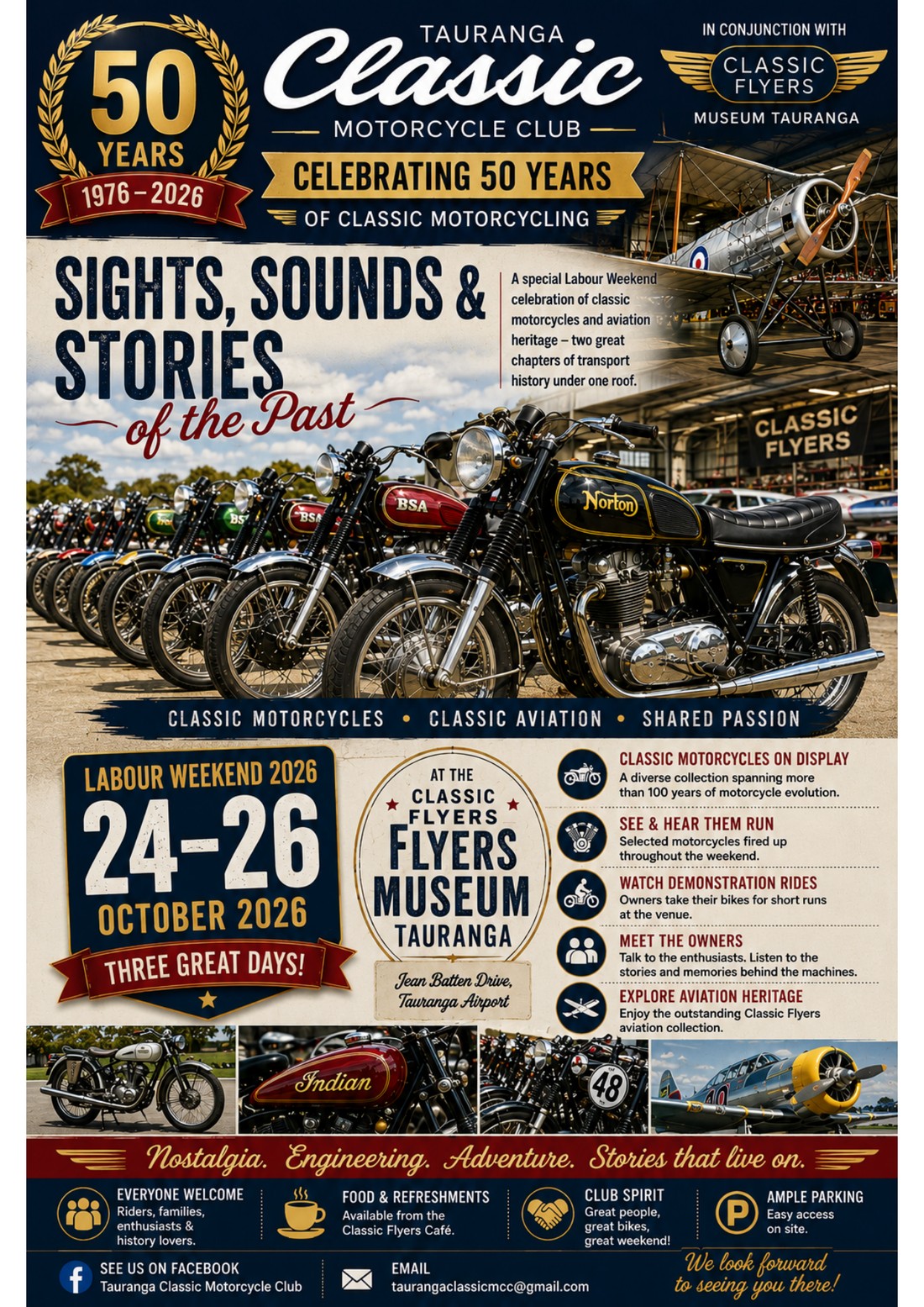 Tauranga Classic Motorcycle Club 50 Years celebration poster for Labour Weekend 24 to 26 October 2026 at Classic Flyers Museum Tauranga