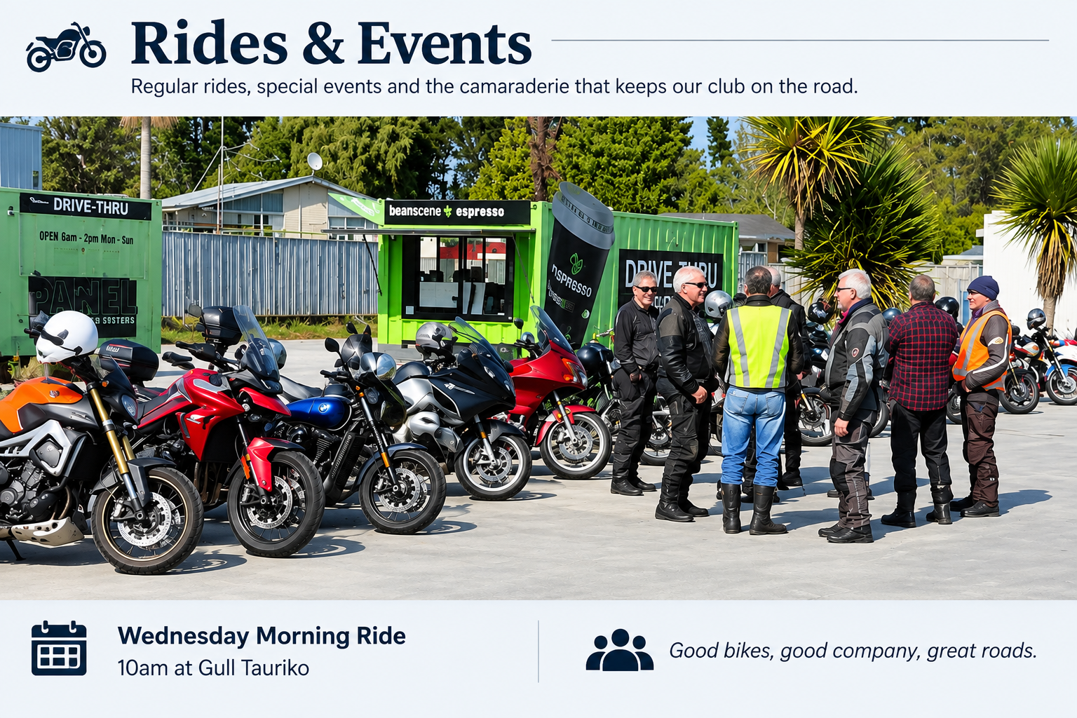 TCMCC Wednesday riders gathered with their motorcycles at Gull Tauriko